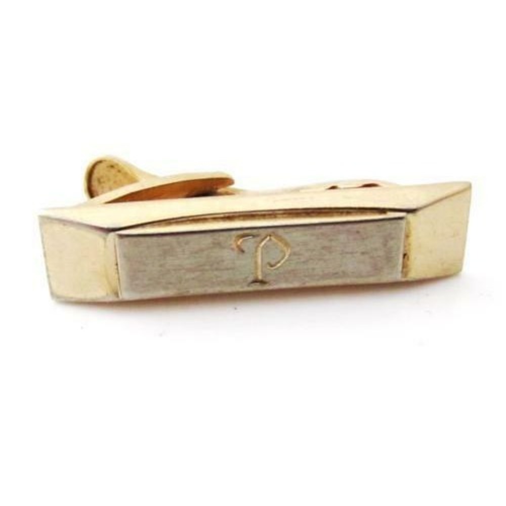 Vintage 2 Toned Gold Plated Monogram "P" Initial Tie‎ Clip Clasp*Signed Hickok
